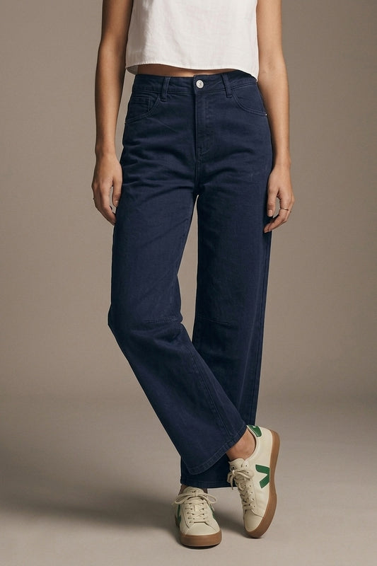 Jean large en denim extensible doux bleu marine avec couture au genou