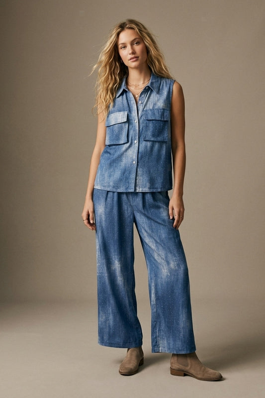 Chemise sans manches bleu tie-dye avec strass embellis