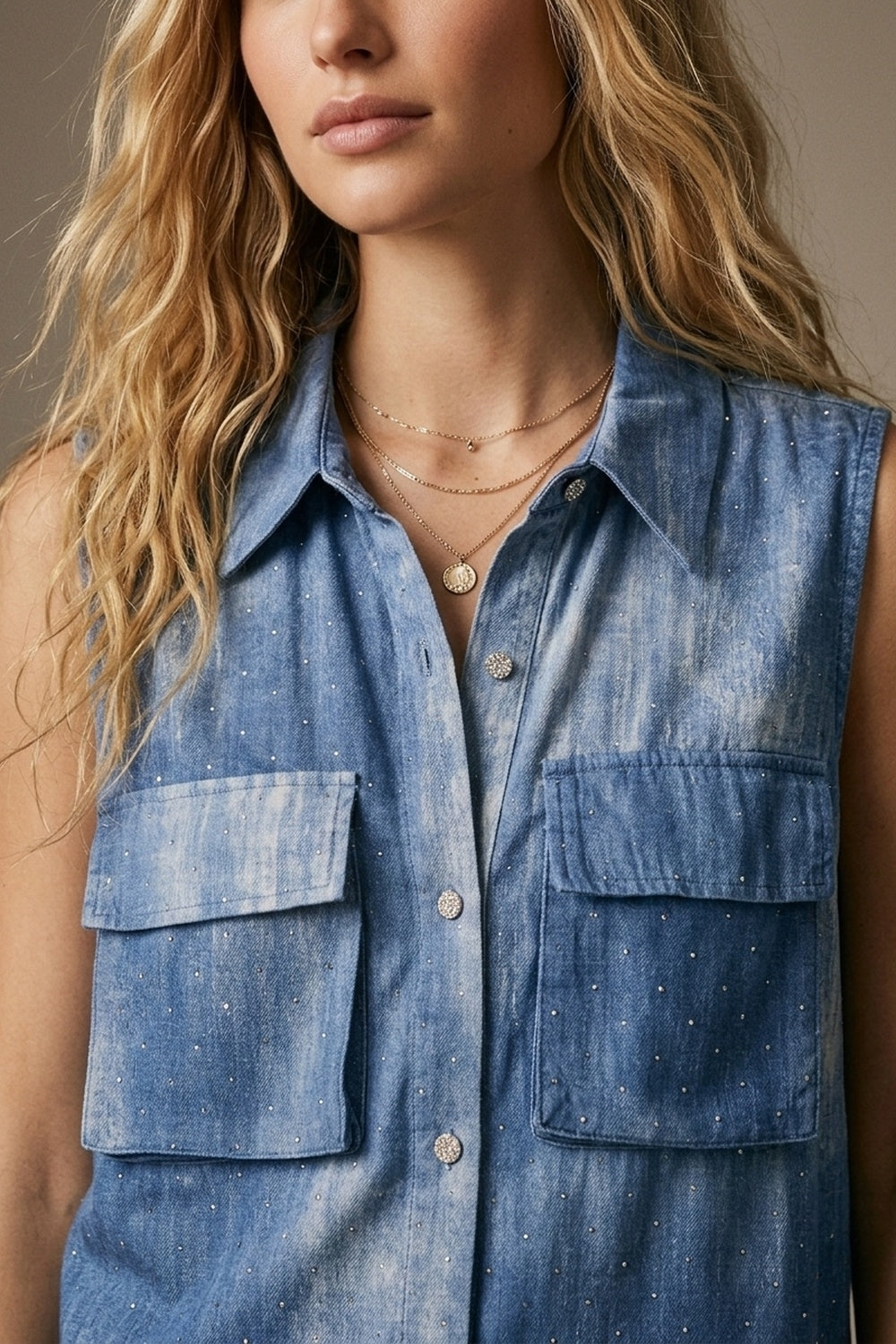Chemise sans manches bleu tie-dye avec strass embellis