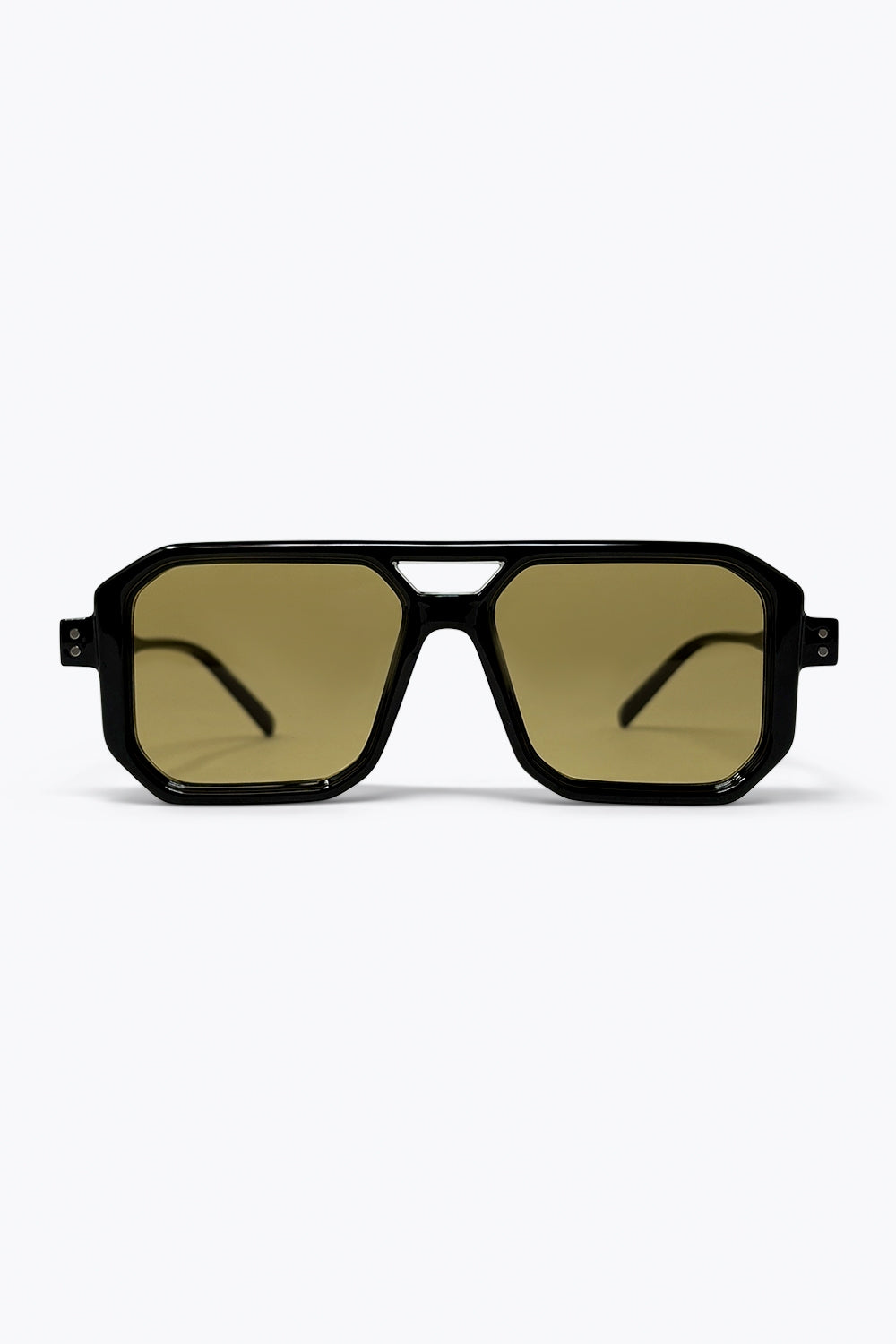 Lunettes de soleil surdimensionnées carrées à monture géométrique noire et verres teintés olive