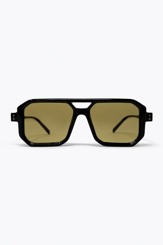 Lunettes de soleil surdimensionnées carrées à monture géométrique noire et verres teintés olive