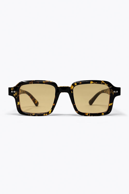 Lunettes de soleil à monture carrée écaille de tortue multicolore avec verres jaunes