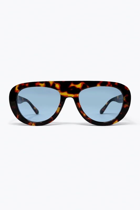 Lunettes de soleil à monture ovale écaille de tortue multicolore avec verres bleus
