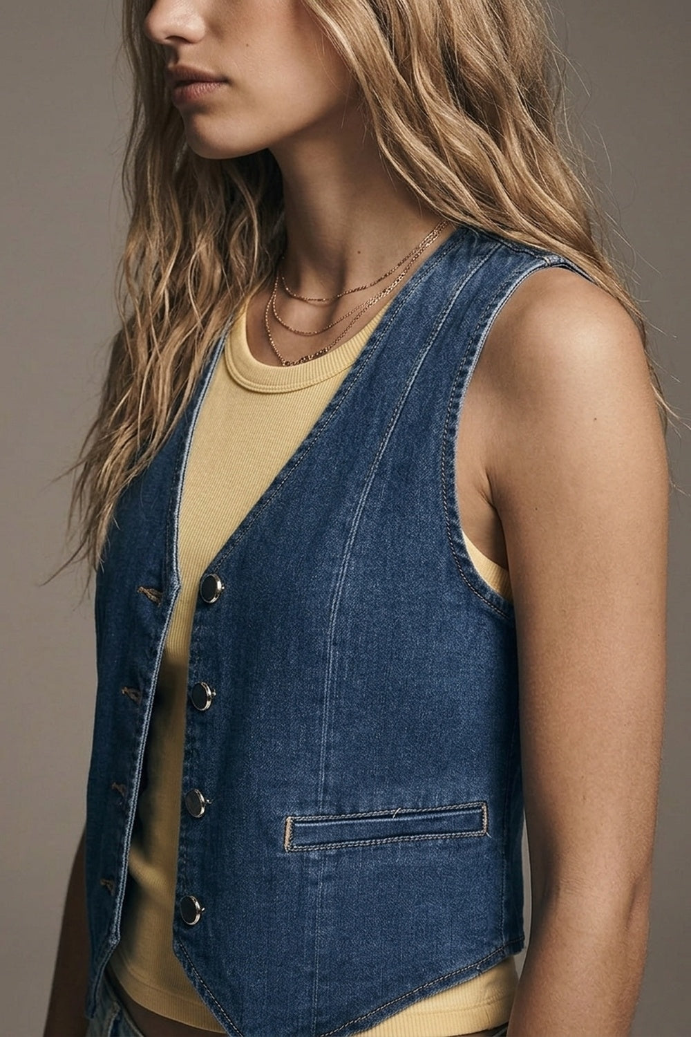 Gilet en denim bleu foncé avec boutons argentés
