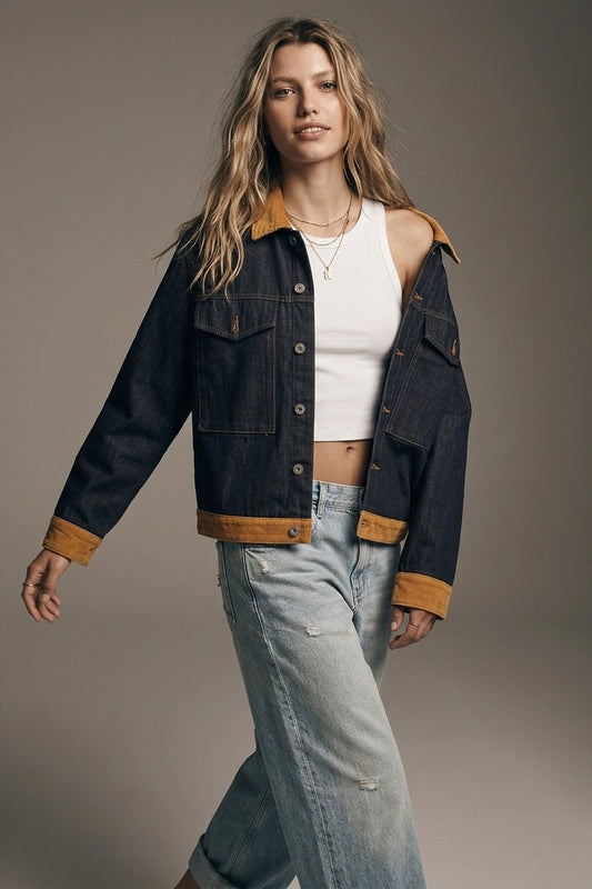 Veste en denim bleu à col en velours côtelé rigide avec boutons sur le devant et coupe décontractée