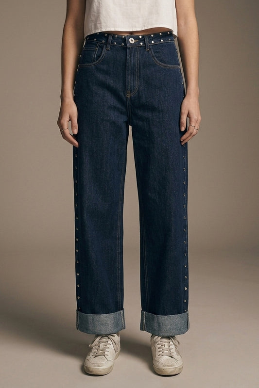 Jean en denim clouté à jambe large bleu foncé