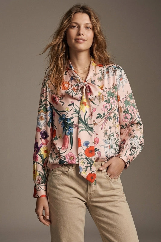 Chemisier à nœud lavallière en satin à manches longues à imprimé floral rose clair