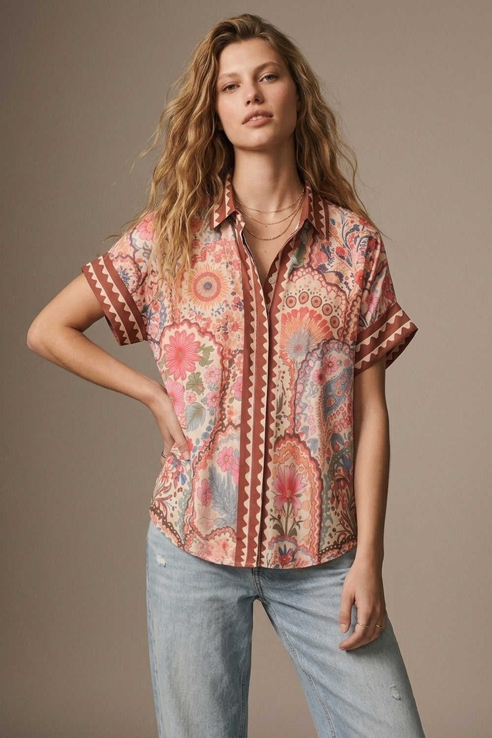 Chemise à imprimé floral multicolore en tissu léger avec garniture contrastée