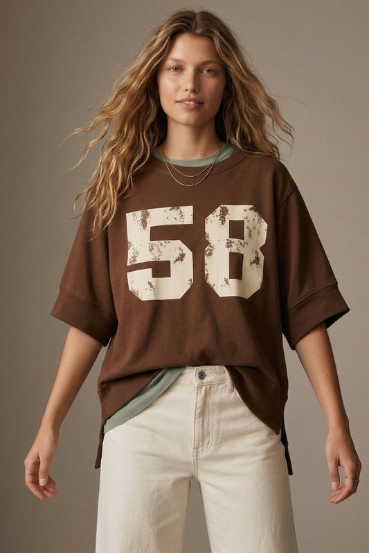 Sweat-shirt marron graphique numéro 58 à manches courtes coupe décontractée