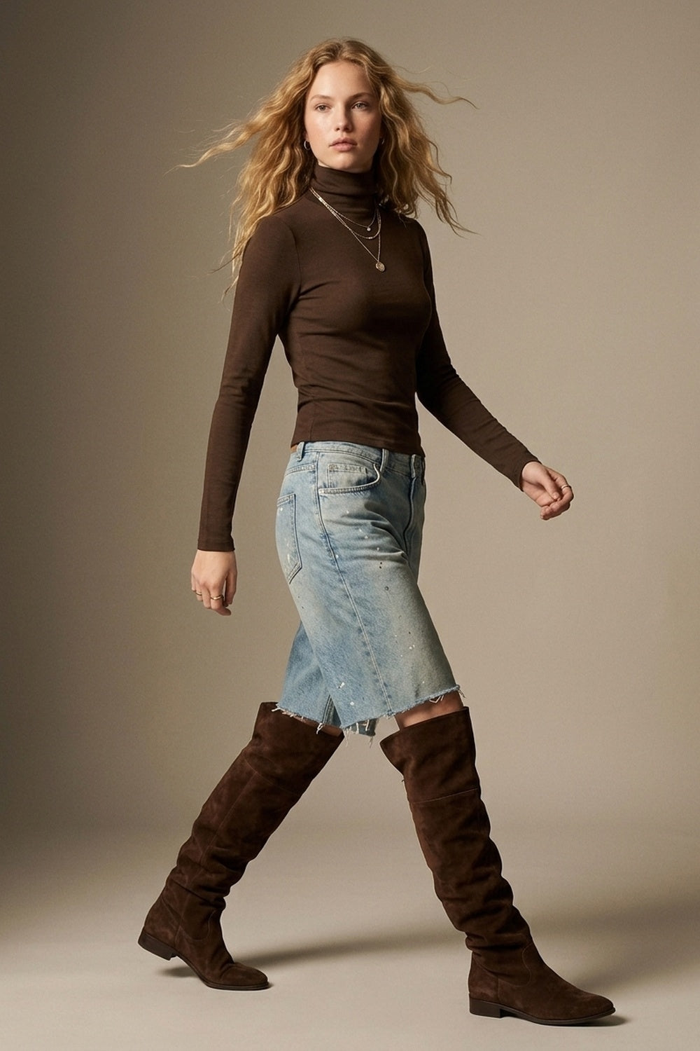 T-shirt à col roulé marron en tissu extensible doux