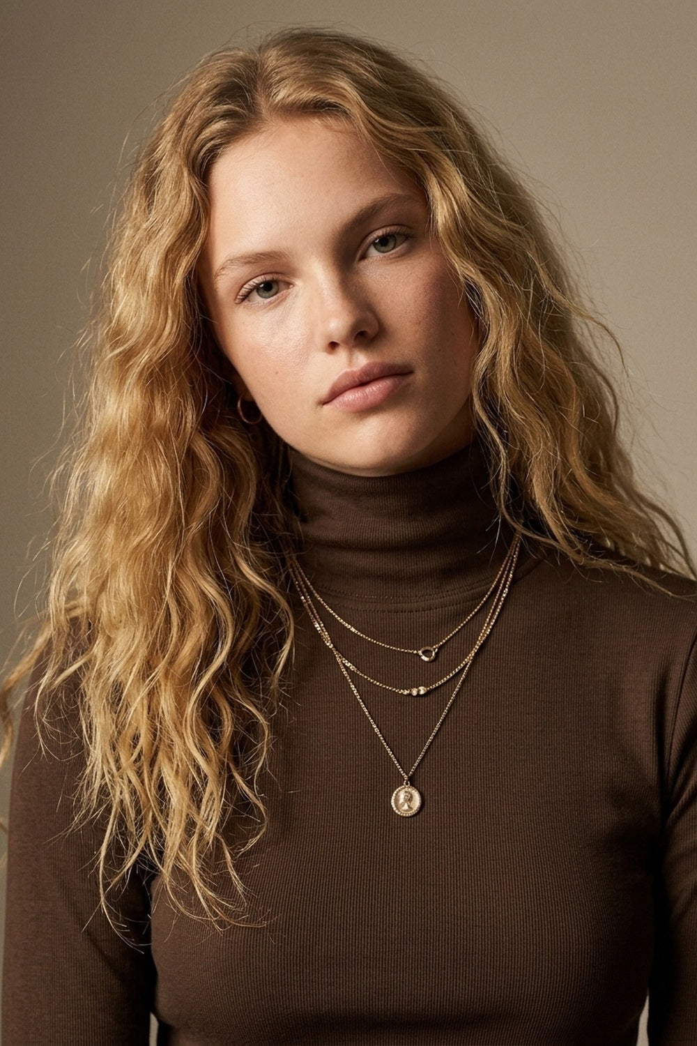 T-shirt à col roulé marron en tissu extensible doux