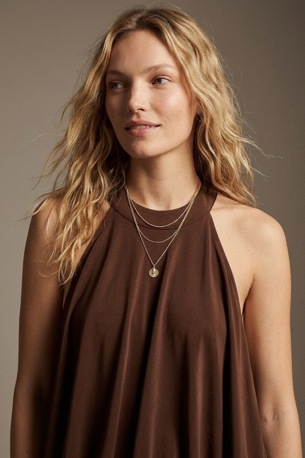 Robe Maxi à Col Halter en Tissu Extensible Doux de couleur marron