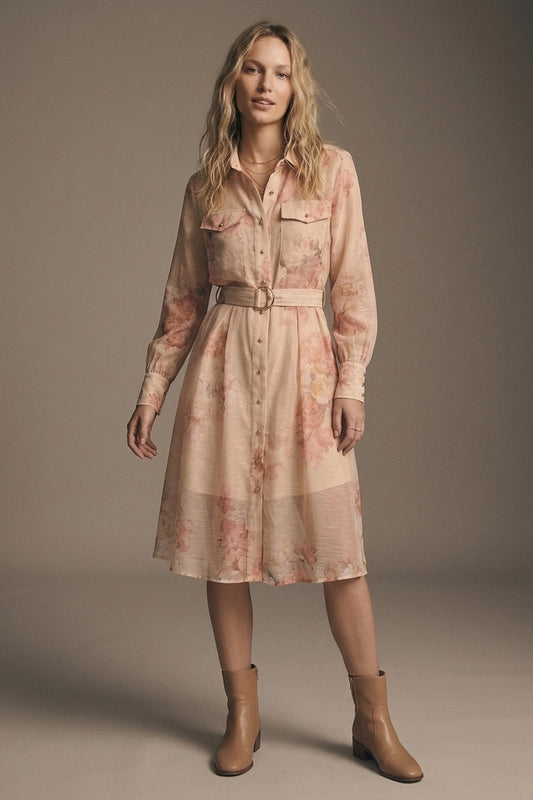 Robe-chemise midi en mousseline à imprimé floral beige avec ceinture et boutons dorés