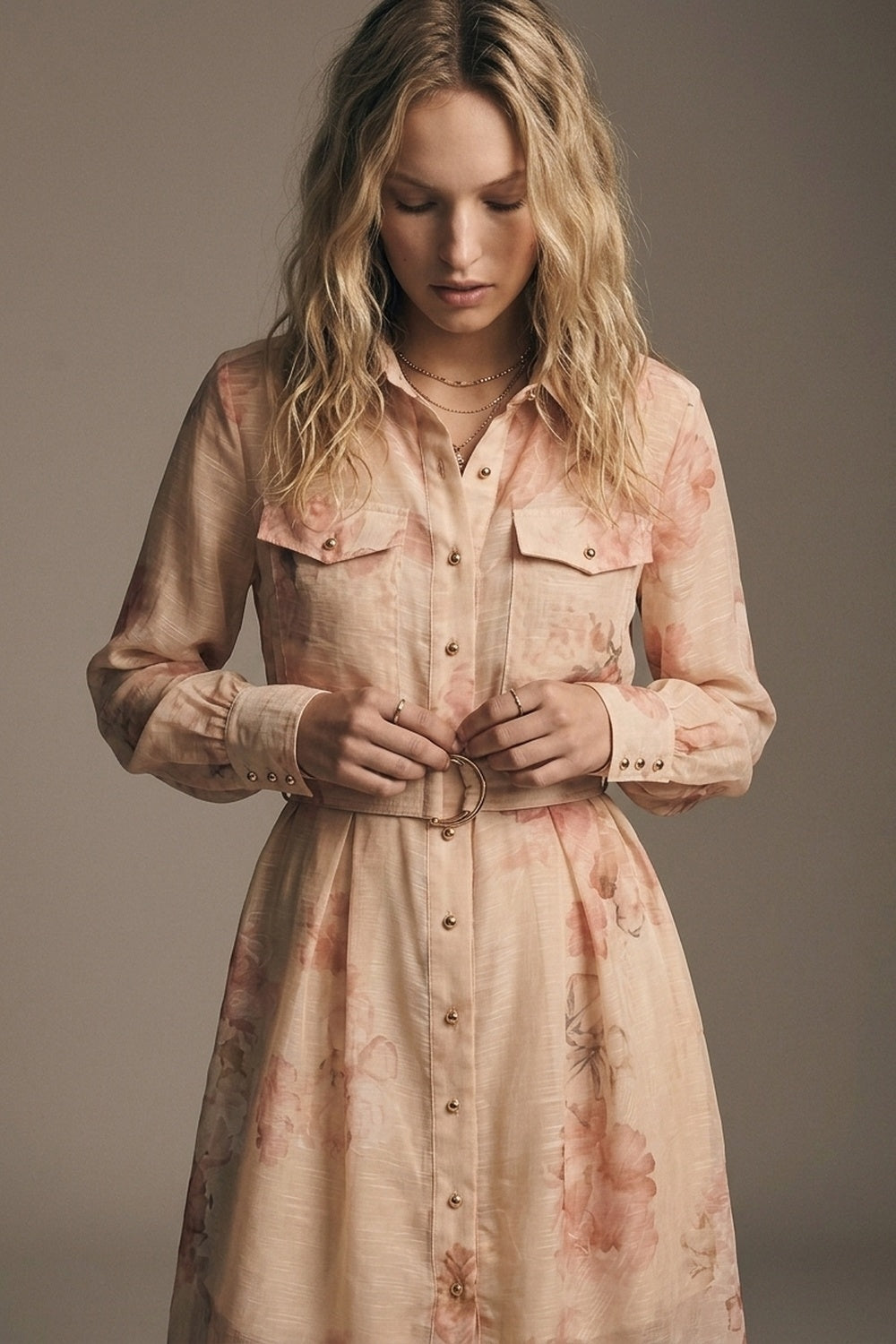 Robe-chemise midi en mousseline à imprimé floral beige avec ceinture et boutons dorés