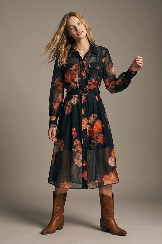 Robe-chemise midi noire à imprimé floral transparent avec ceinture et manches longues