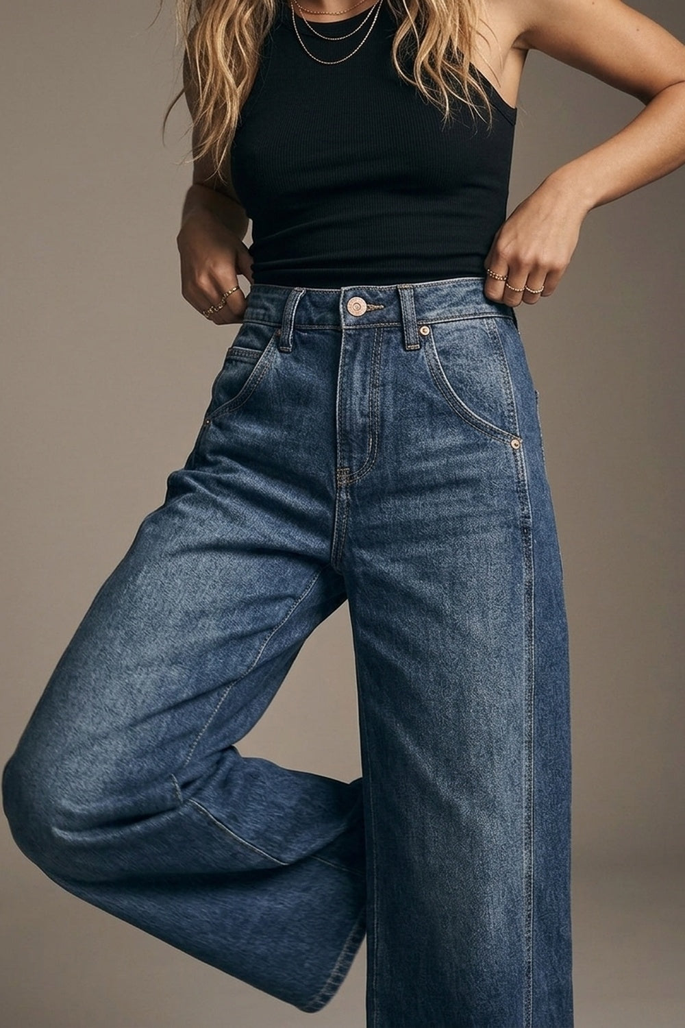 Jeans à jambe extra-large en délavage moyen avec poches latérales