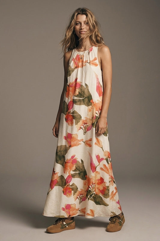 Robe maxi sans manches tissée légère à imprimé floral crème coupe décontractée