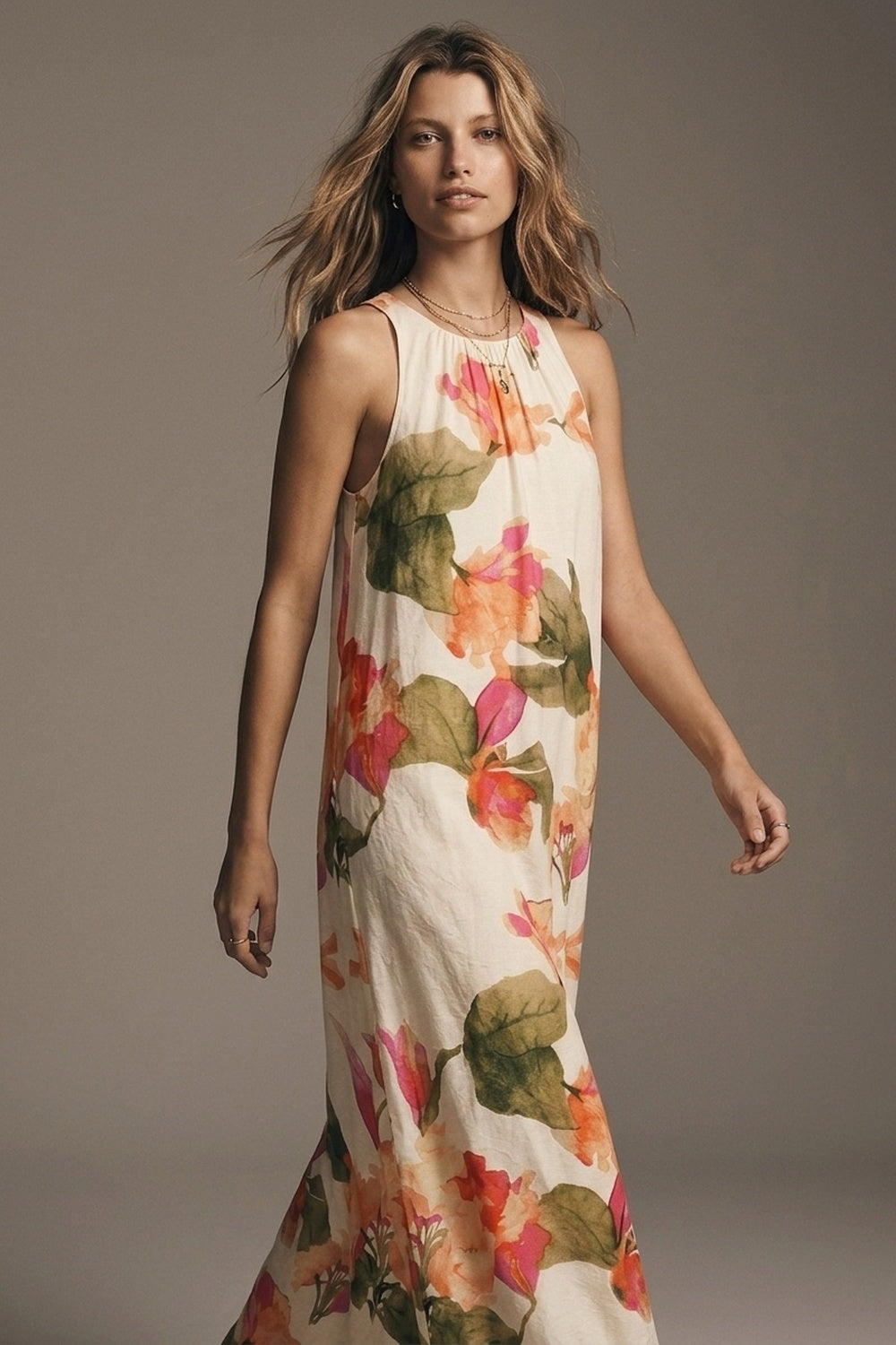 Robe maxi sans manches tissée légère à imprimé floral crème coupe décontractée