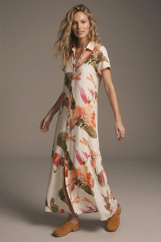 Robe Maxi Boutonnée à Imprimé Floral Crème en Tissu Léger Tissé