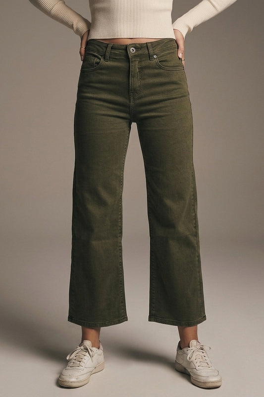 Jeans à jambe large et raccourcie en kaki