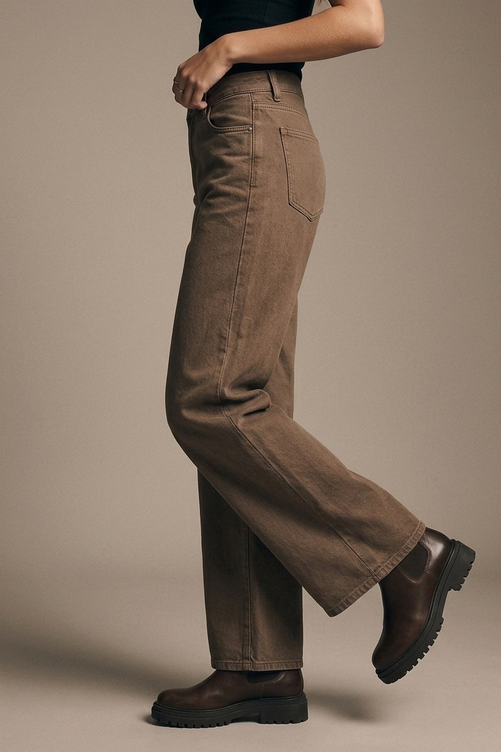 Pantalon en denim marron large en coton décontracté