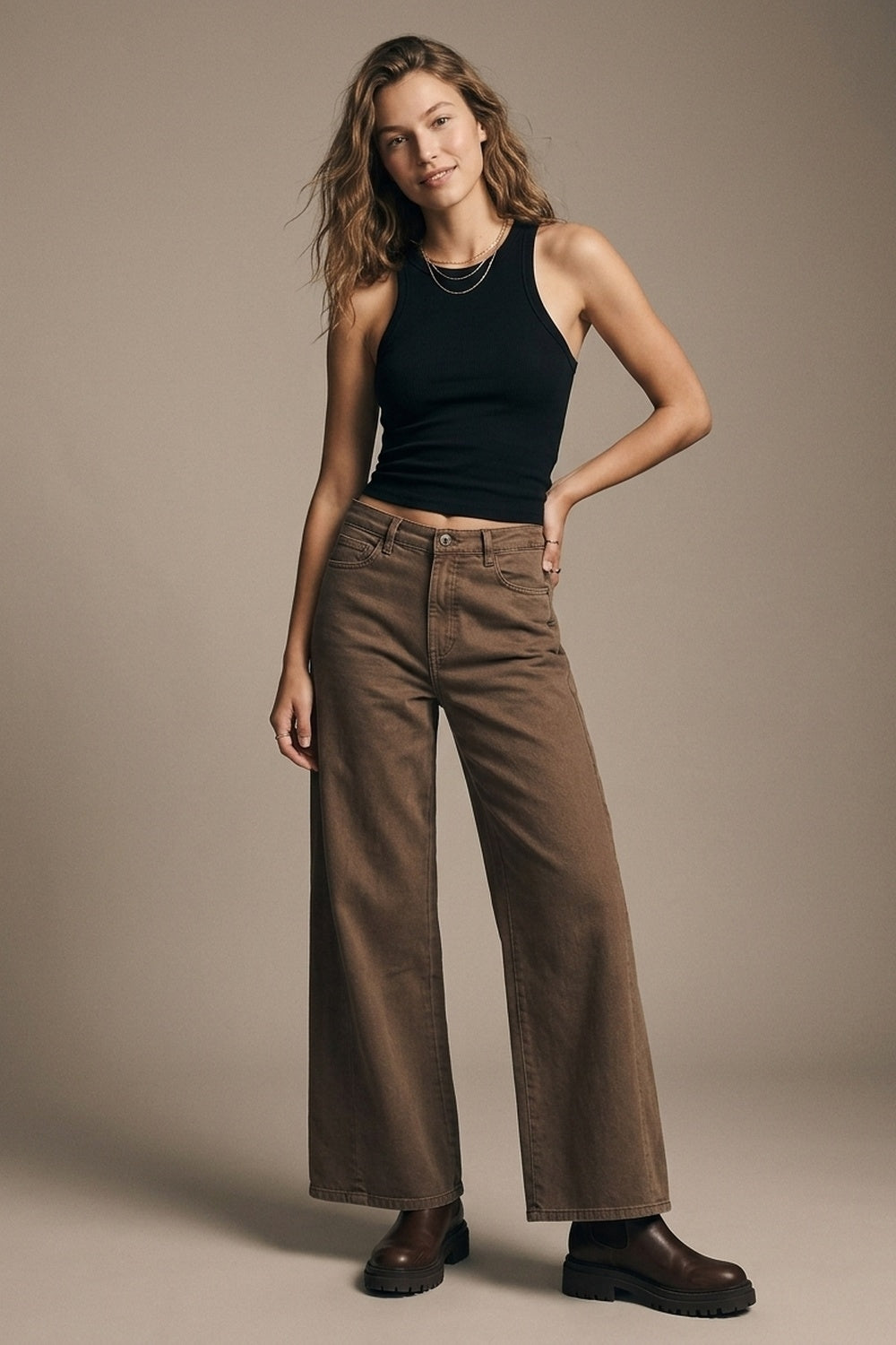 Pantalon en denim marron large en coton décontracté