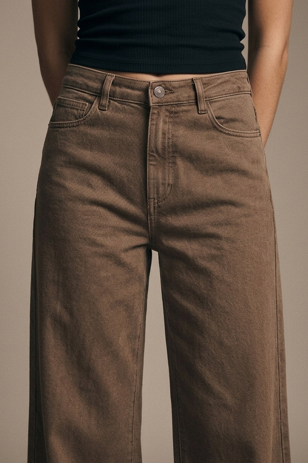 Pantalon en denim marron large en coton décontracté