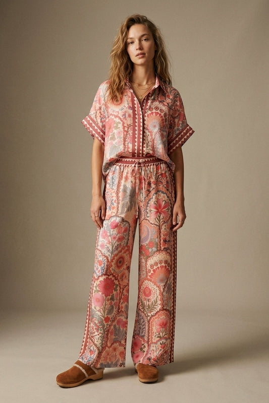Pantalon en tissu tissé léger à imprimé floral multicolore avec taille large