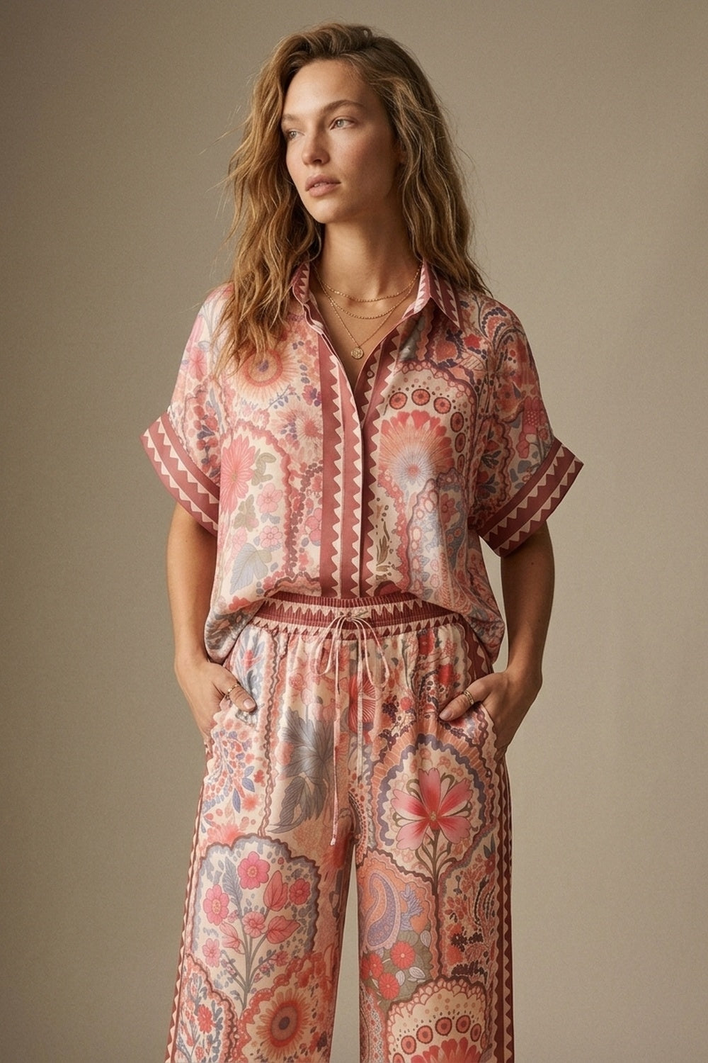 Chemise à imprimé floral multicolore en tissu léger avec garniture contrastée