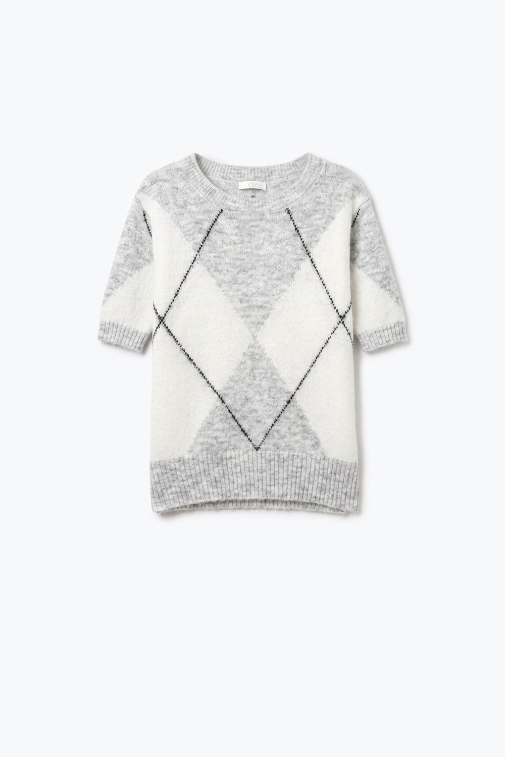 pull à manches courtes en tricot argyle gris et crème