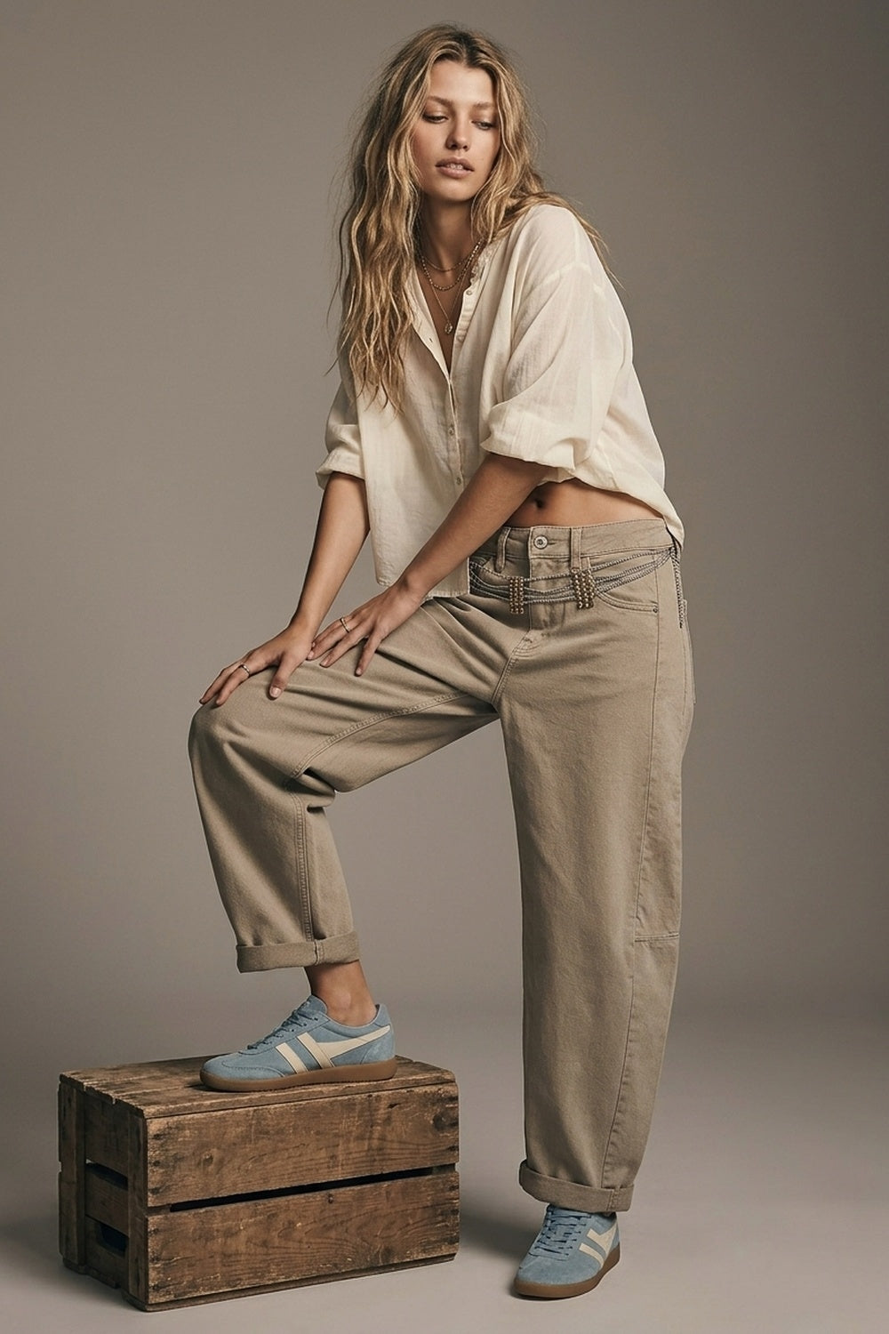 Jean ballon Barrel beige tendance avec poches