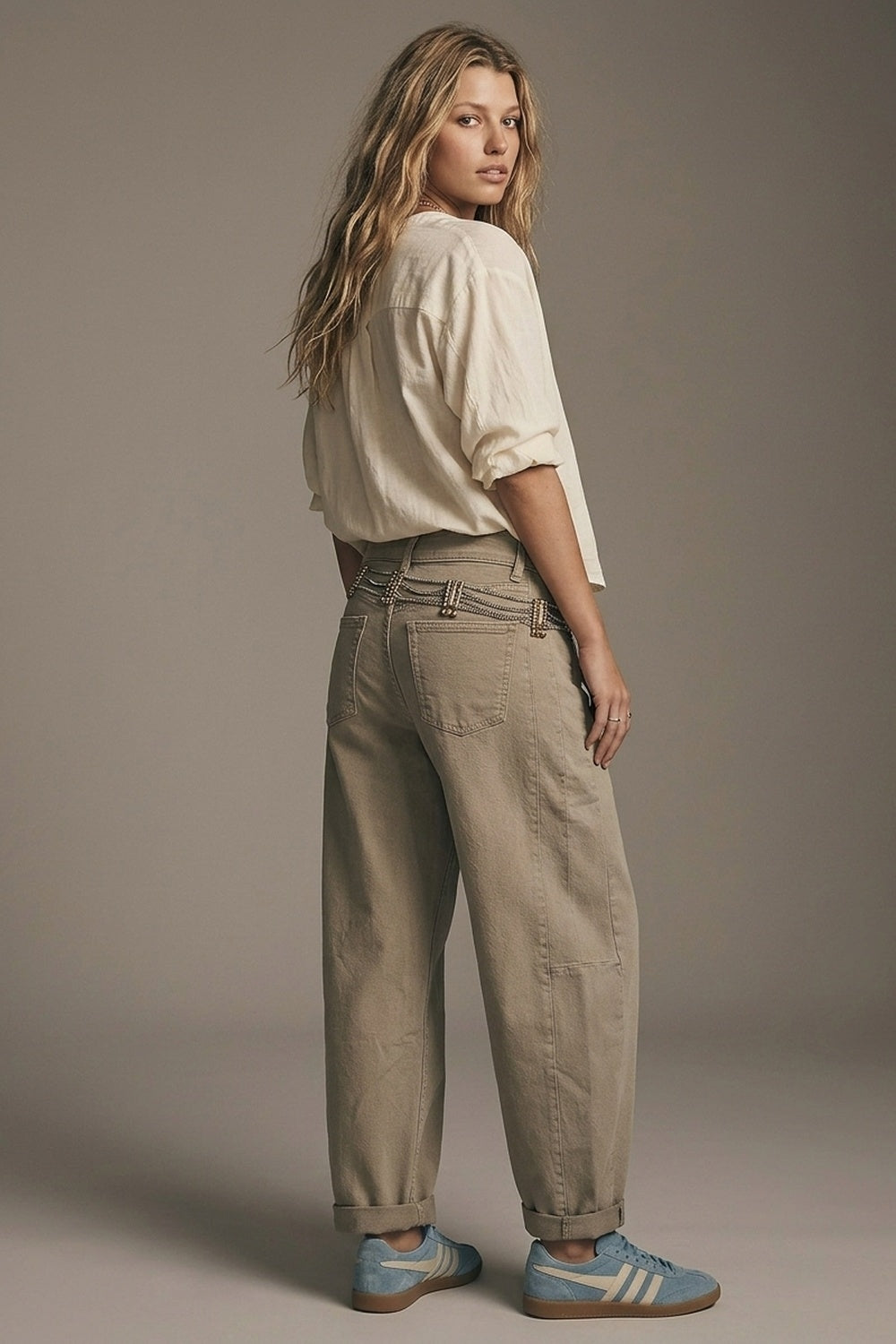 Jean ballon Barrel beige tendance avec poches
