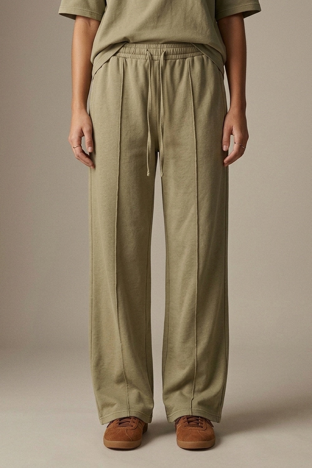 Pantalon ample en coton khaki à taille élastique et coupe décontractée