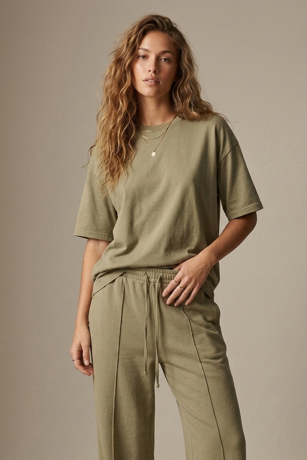 Pantalon ample en coton khaki à taille élastique et coupe décontractée