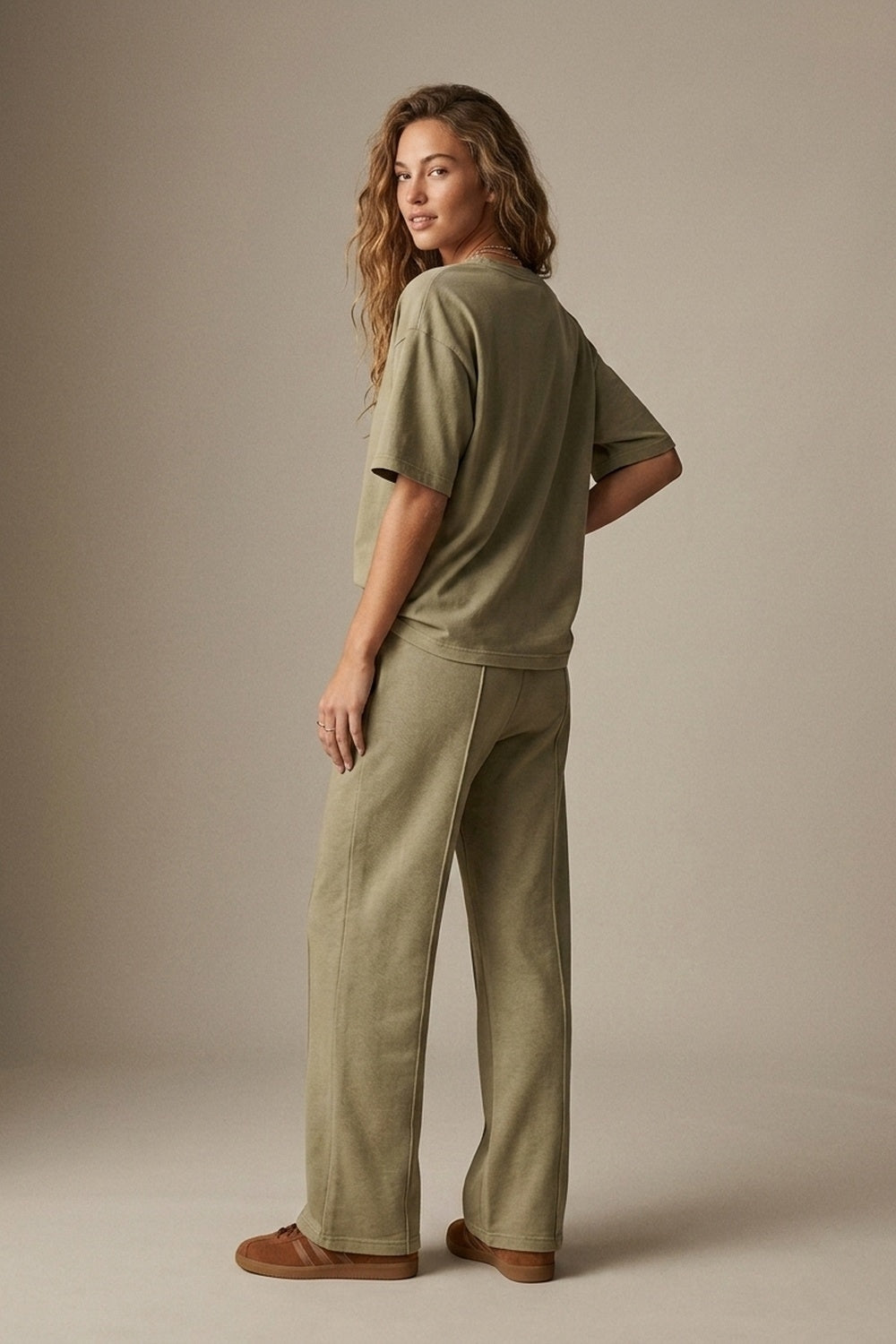 Pantalon ample en coton khaki à taille élastique et coupe décontractée