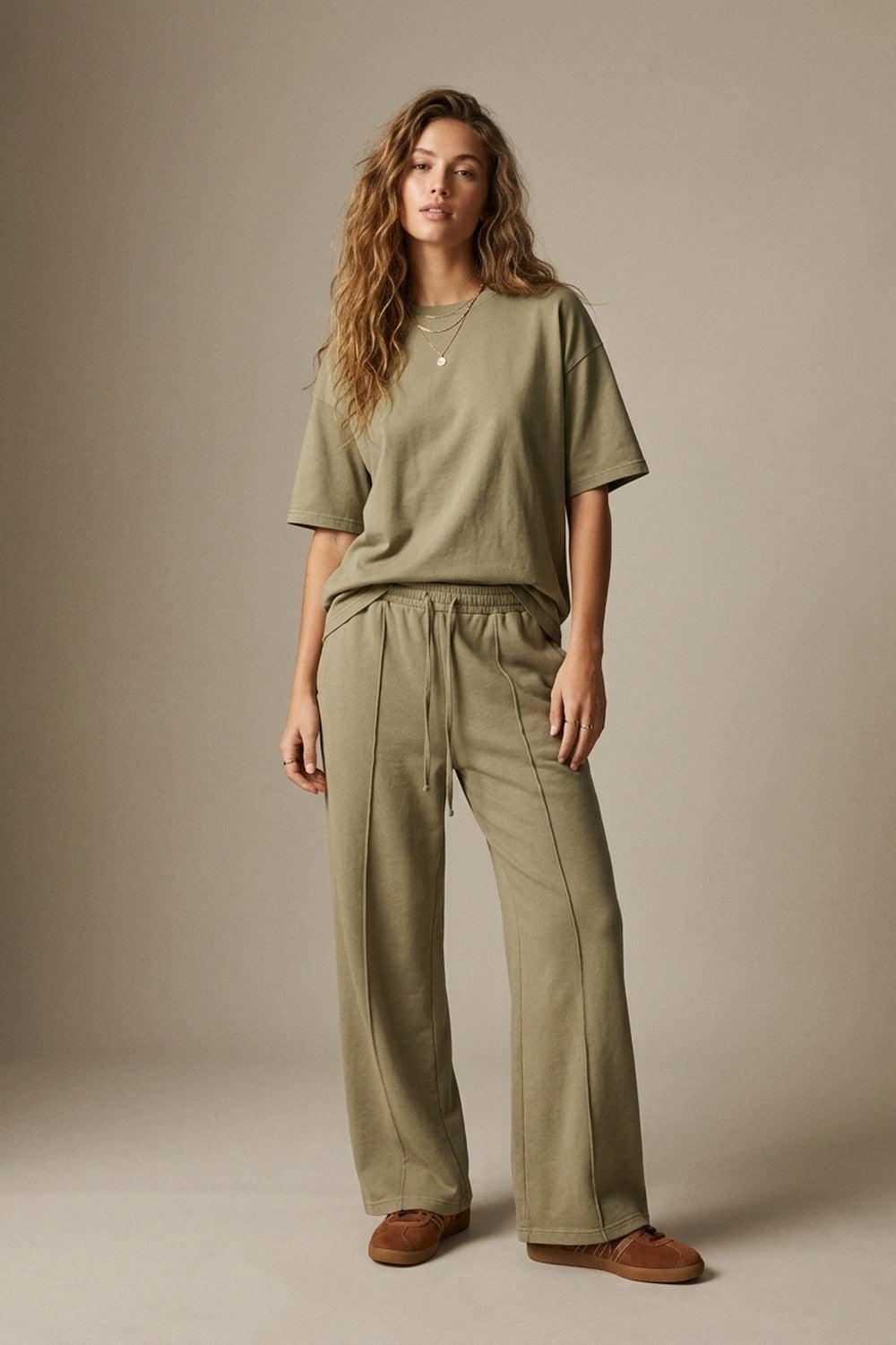 Pantalon ample en coton khaki à taille élastique et coupe décontractée