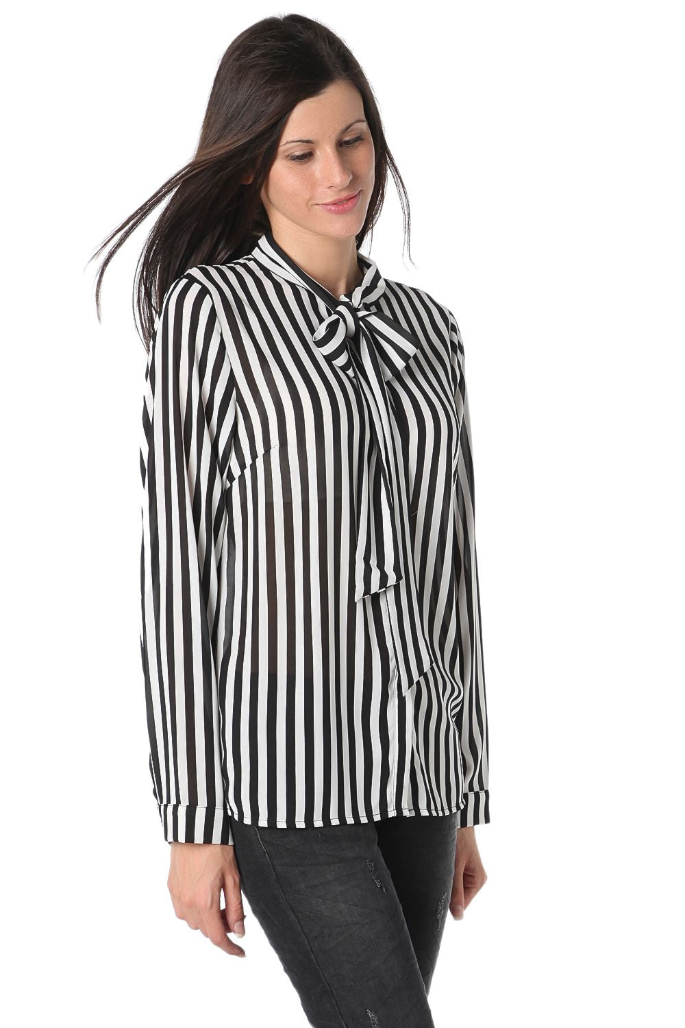 Chemise rayée en mousseline à manches longues avec nœud sur le devant