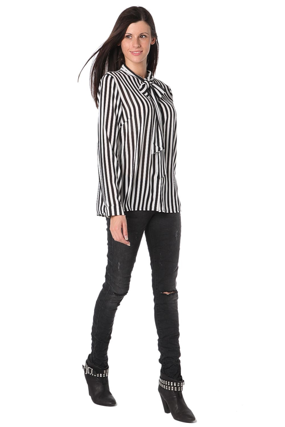 Chemise rayée en mousseline à manches longues avec nœud sur le devant