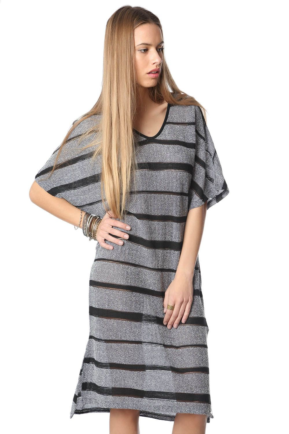 Robe bleu marine à rayures avec façon cage