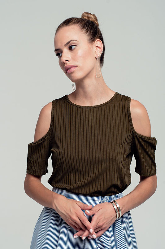Top khaki découper aux épaules