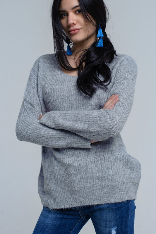 Pull en maille gris avec fermeture à nouer