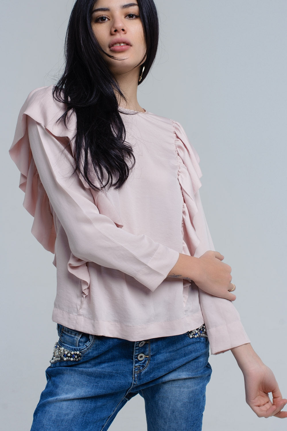 Top à volants en rose pâle