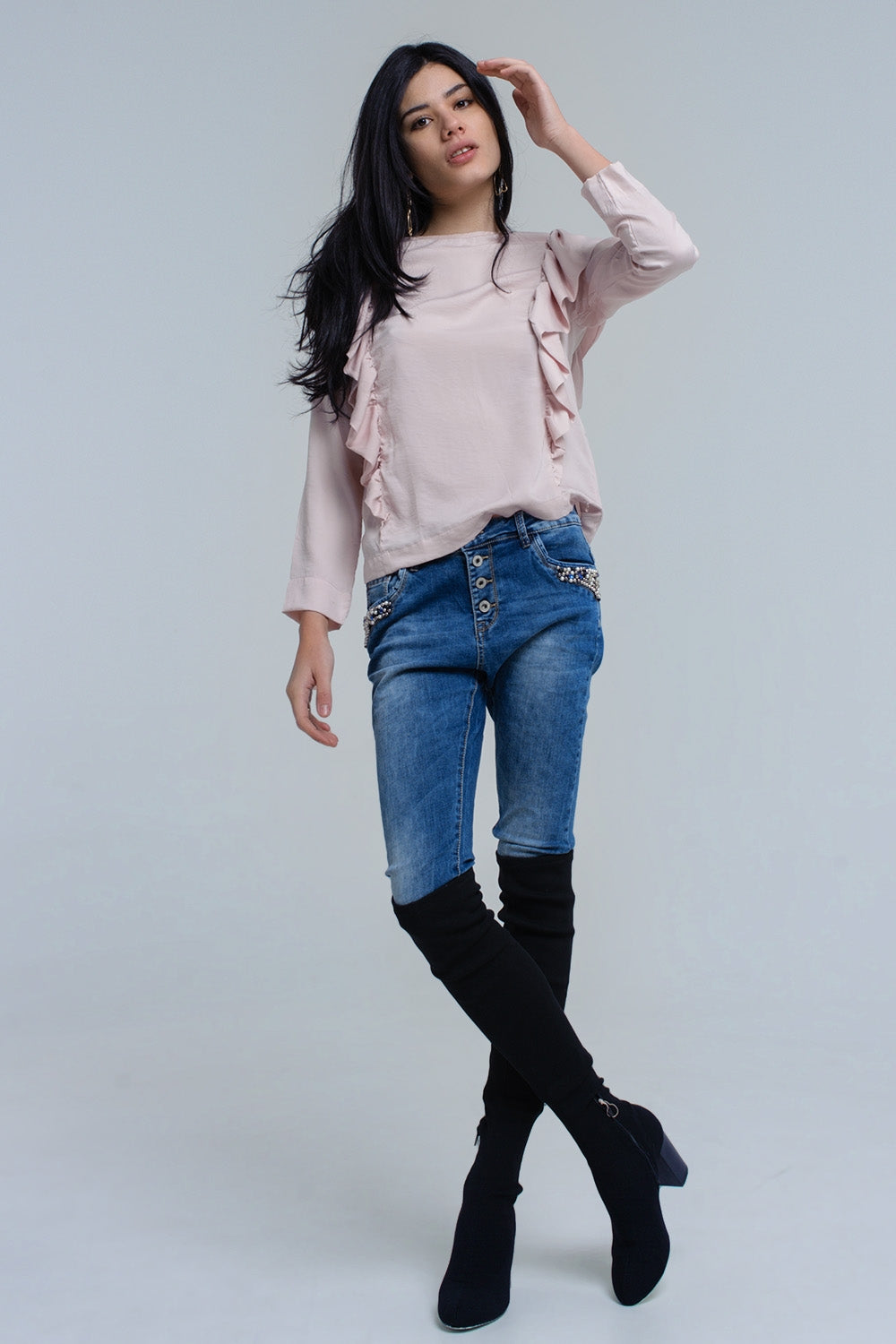 Top à volants en rose pâle