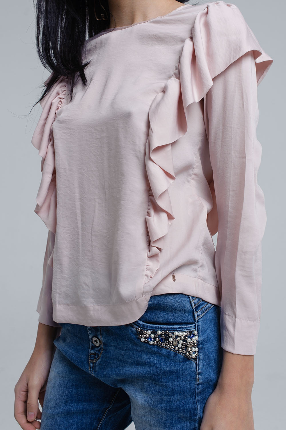 Top à volants en rose pâle