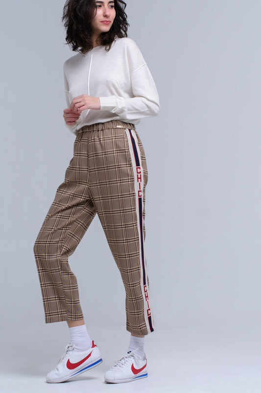 Pantalon à motif tartan marron
