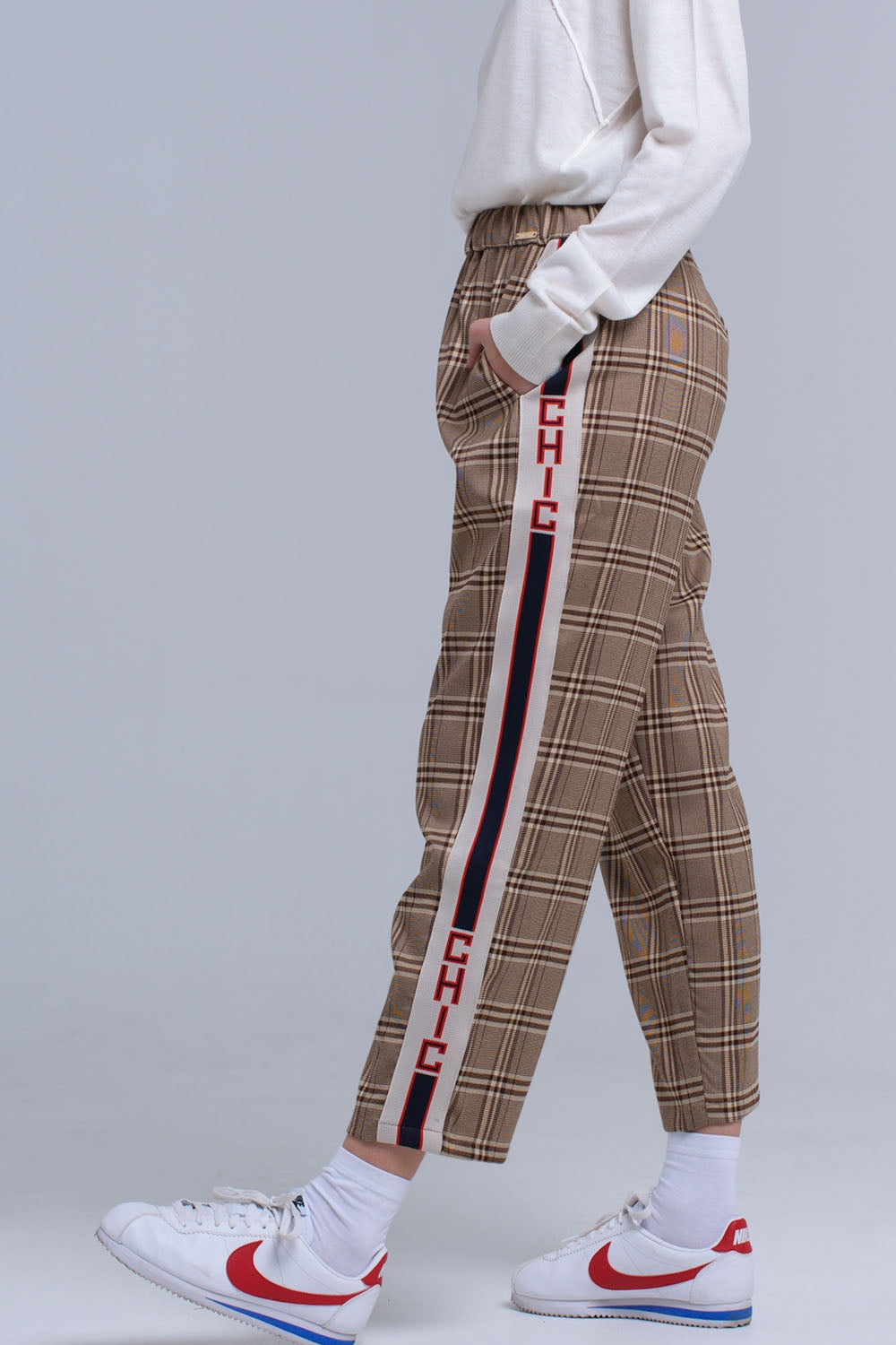 Pantalon à motif tartan marron