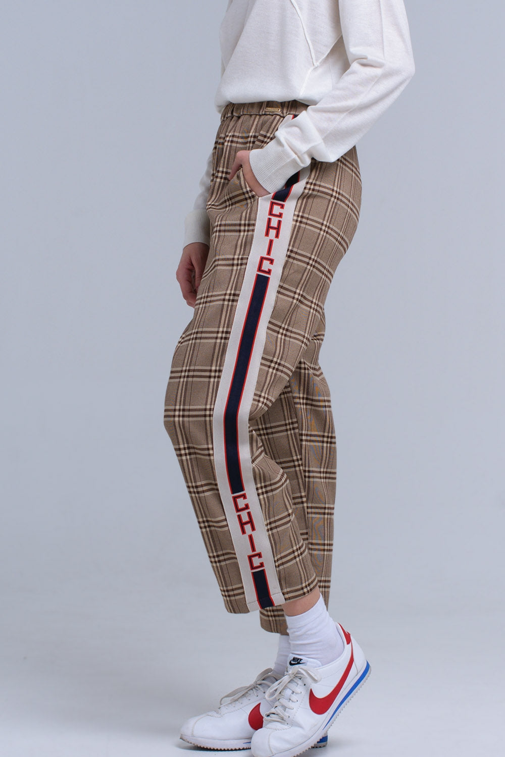 Pantalon à motif tartan marron