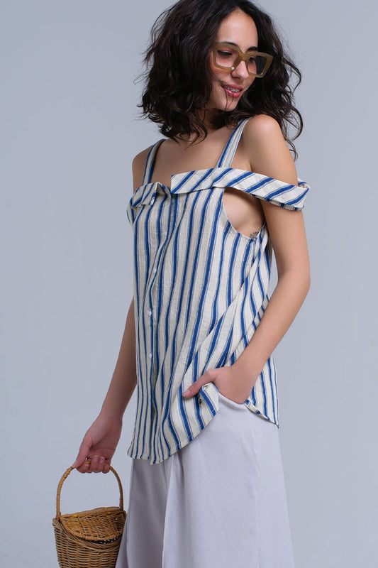 Top crème à rayures bleues