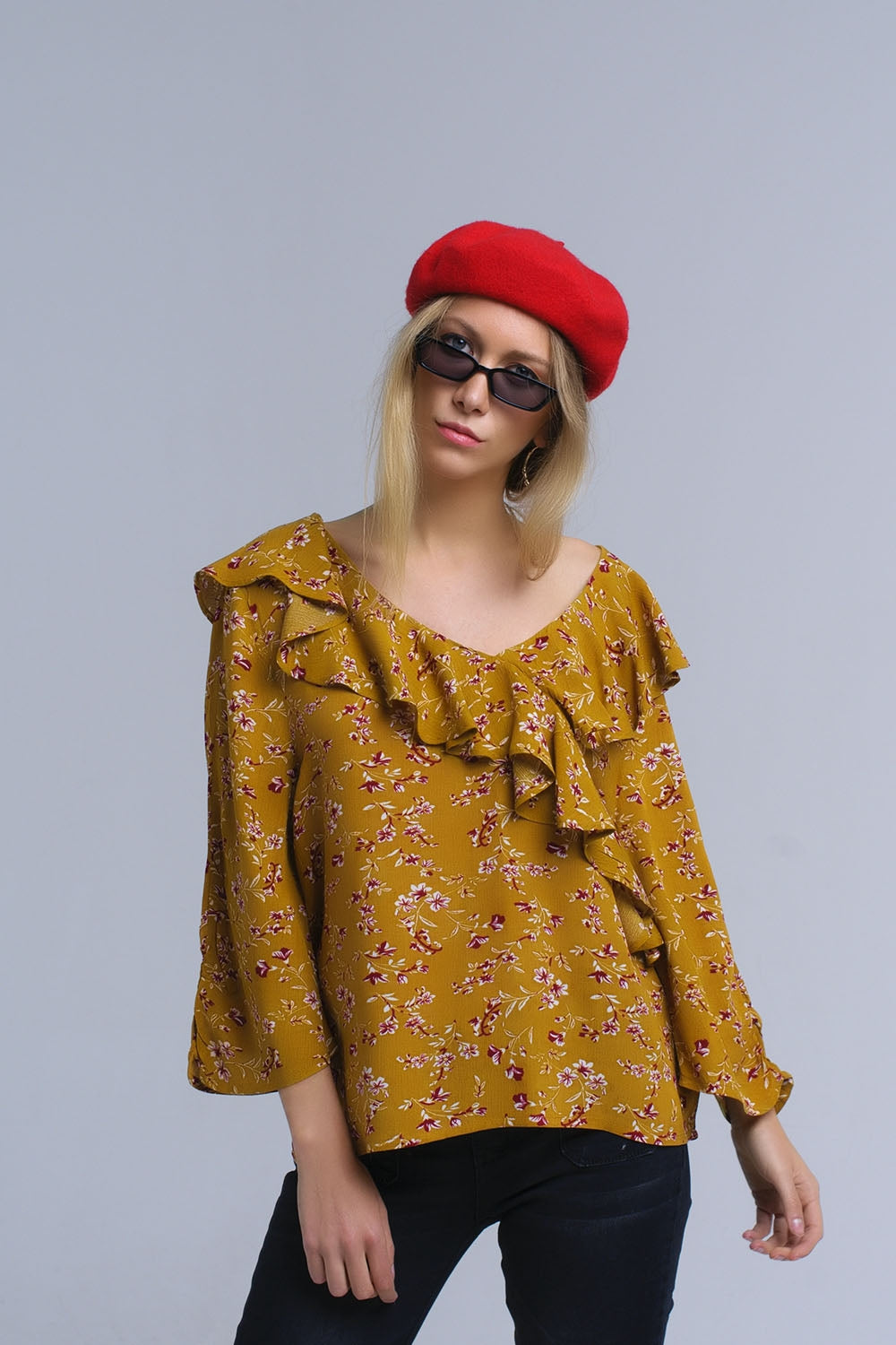 Chemise à volants croisés à la moutarde