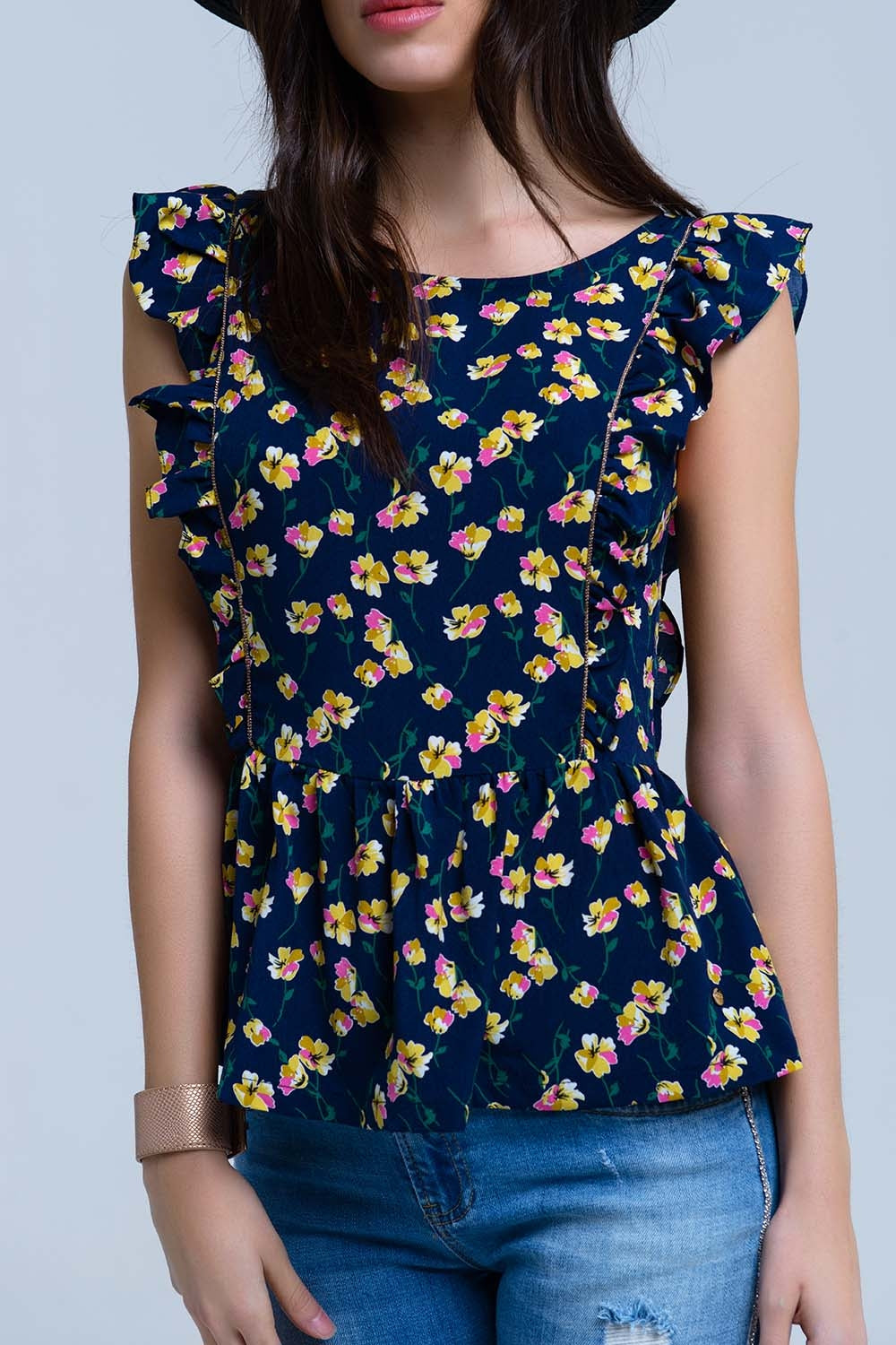Chemise croisée bleu marine à volants